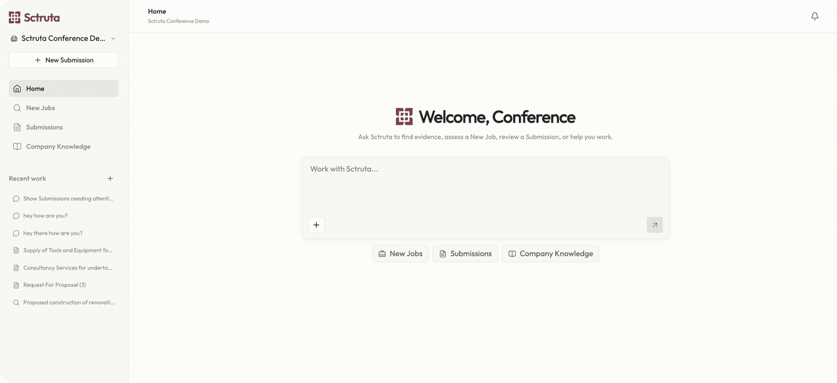 The live Sctruta home workspace with its AI assistant, navigation, submissions, and company knowledge